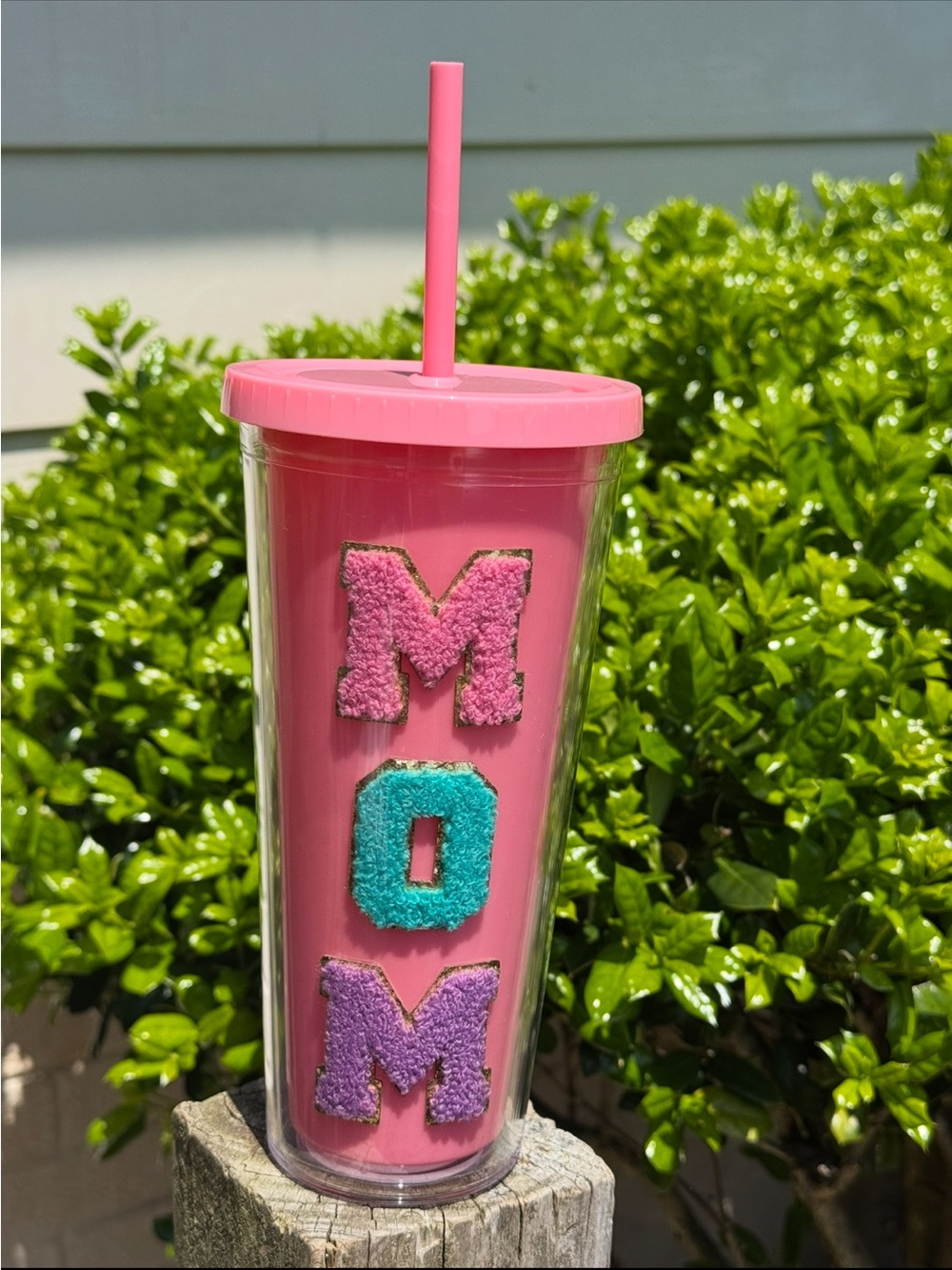 Pink MOM Embroidered Tumbler Cup with Straw